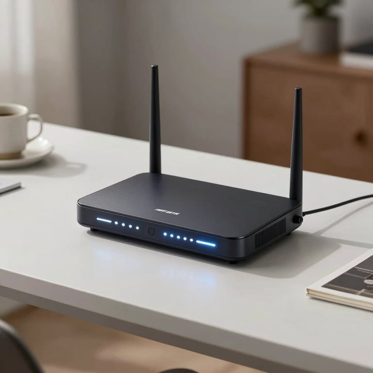A sleek wireless router glowing with white status lights on a minimalist desk in a North American / US home office.