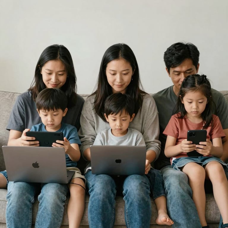 A North American / US family sitting together on a couch, using multiple devices simultaneously with fast Wi-Fi connectivity.
