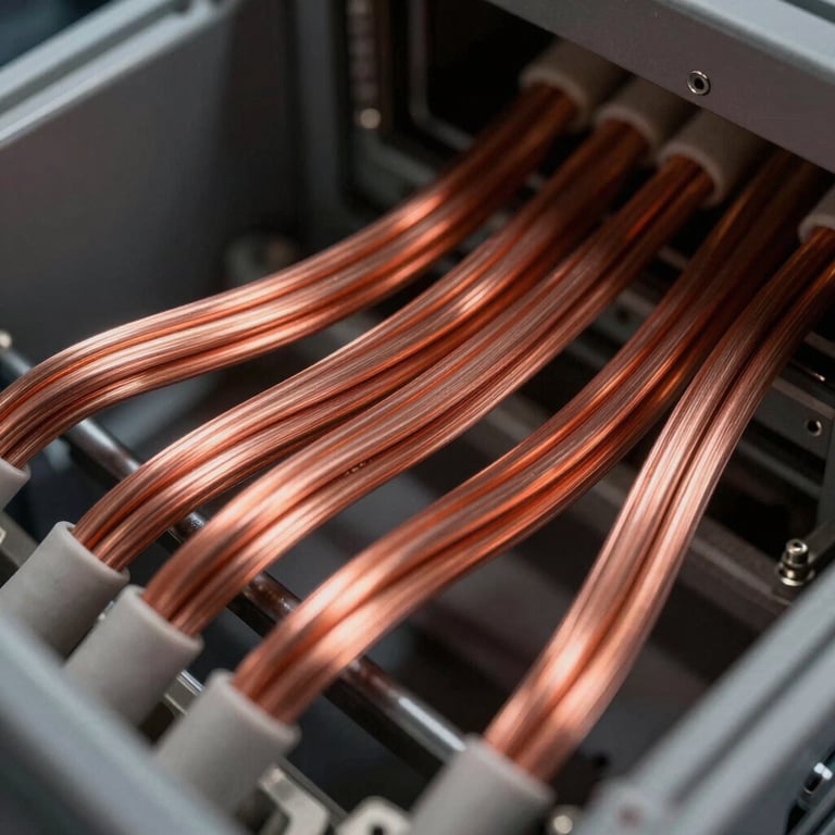 An overhead view of high-quality copper and fiber cables neatly arranged in a professional network installation.
