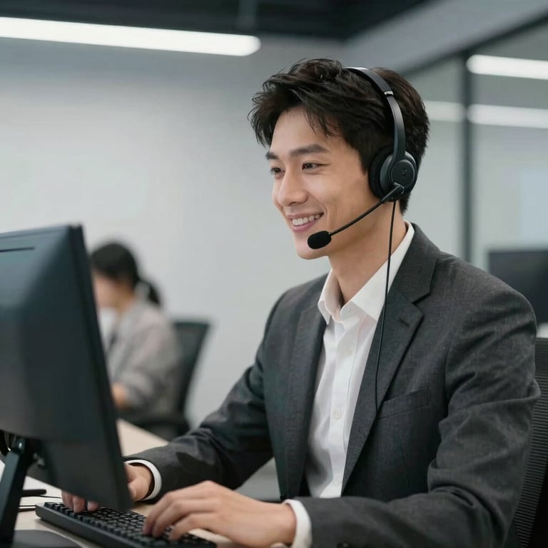 A customer support specialist wearing a headset, smiling in a clean and modern professional office with black and white accents.