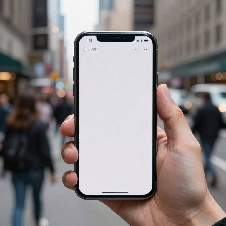 A close-up of a high-end smartphone being held in a busy North American / US city center, showing full signal strength.