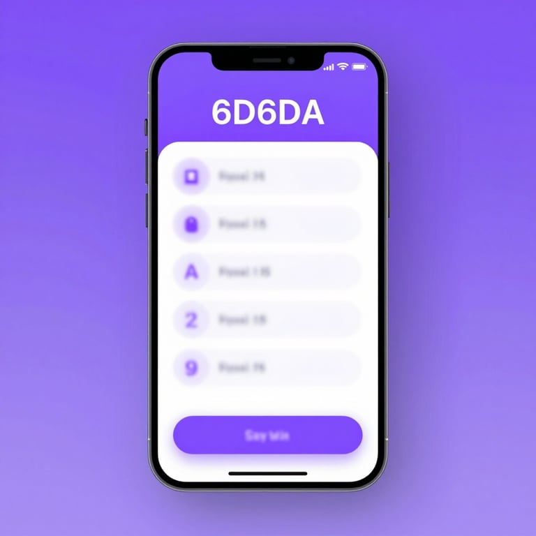 A sleek mobile application interface for a financial tool, using #6D6DAA purple as the primary brand color.