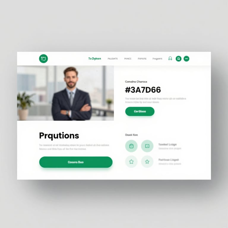 A sophisticated corporate website landing page featuring a clean white layout with #3A7D69 green accent buttons.