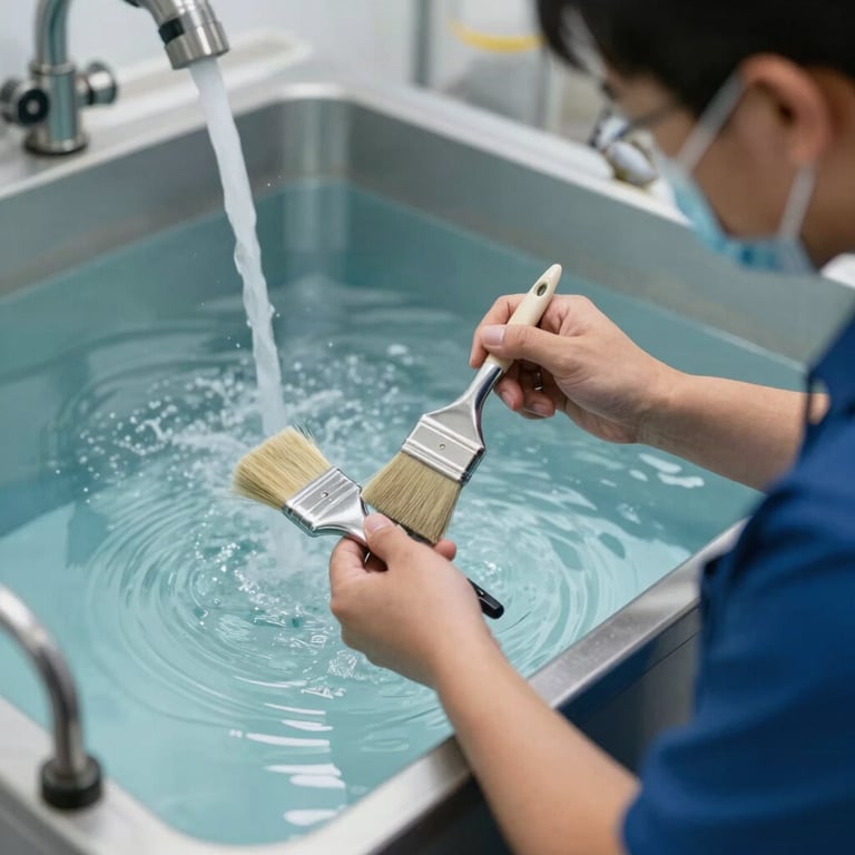 Professional technician using specialized brushes inside a large water tank, wearing proper safety equipment.