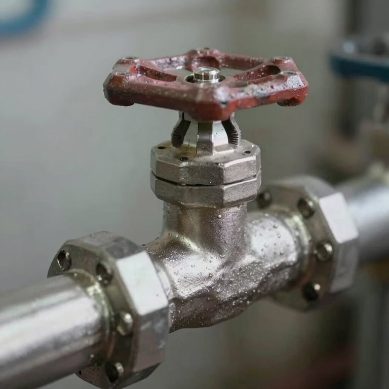 Detail of a clean stainless steel water valve and piping system with no signs of corrosion or dirt.