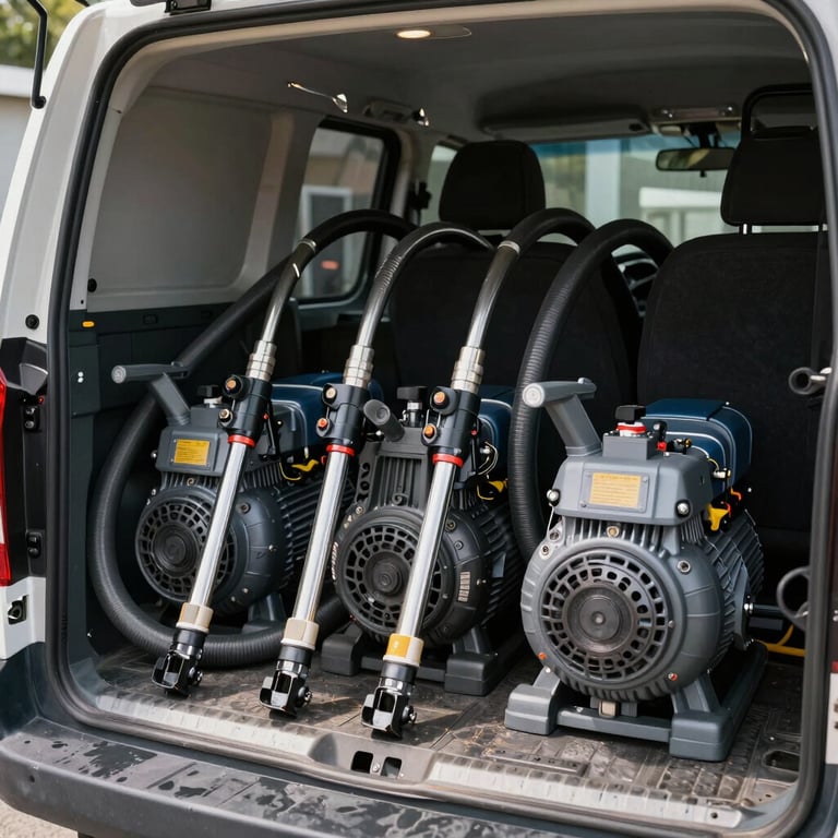 A series of high-pressure cleaning pumps and hoses organized in the back of a clean white service vehicle.