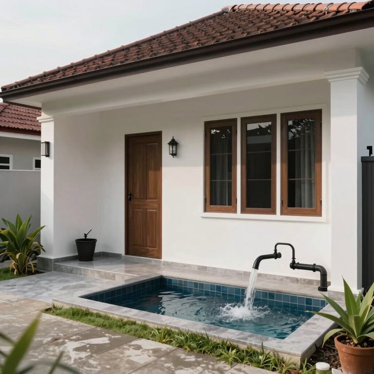Wide shot of a clean, modern Southeast Asian / Indonesian house showing well-maintained exterior and water systems.
