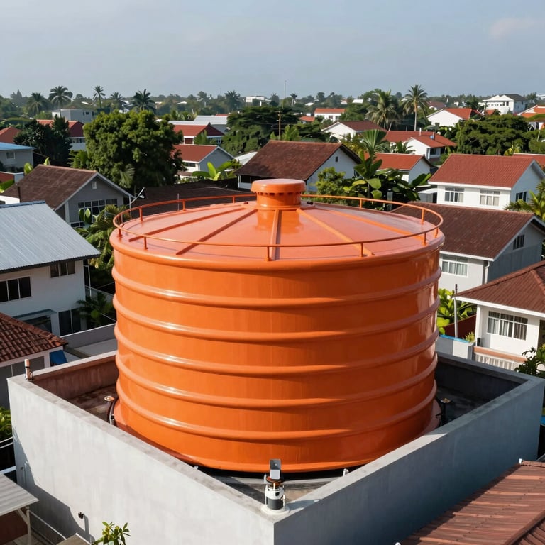 A clean orange water reservoir on a modern rooftop under bright sunlight in an Indonesian neighborhood.