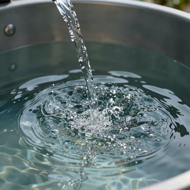 Close-up of crystal clear water flowing into a perfectly clean storage tank, reflecting natural light.