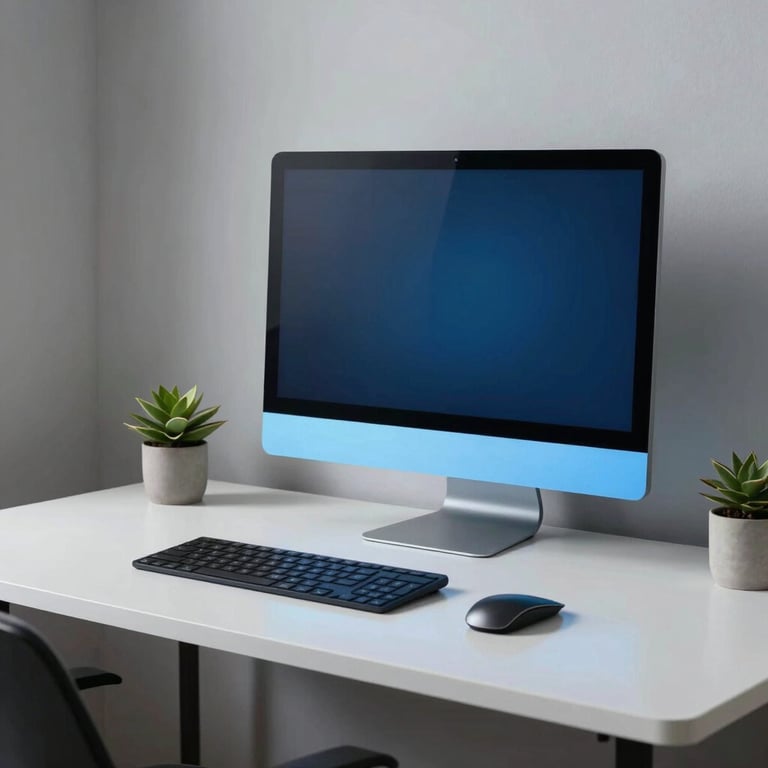 A minimalist home office setup in Germany with a clean white desk, high-end monitor, and blue lighting accents.