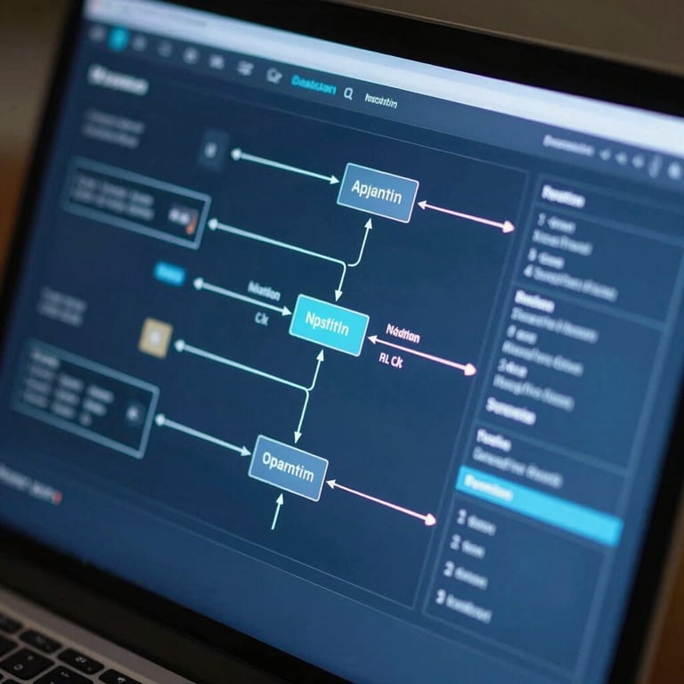 Close-up of a digital interface showing automated workflow diagrams with a professional blue color scheme.
