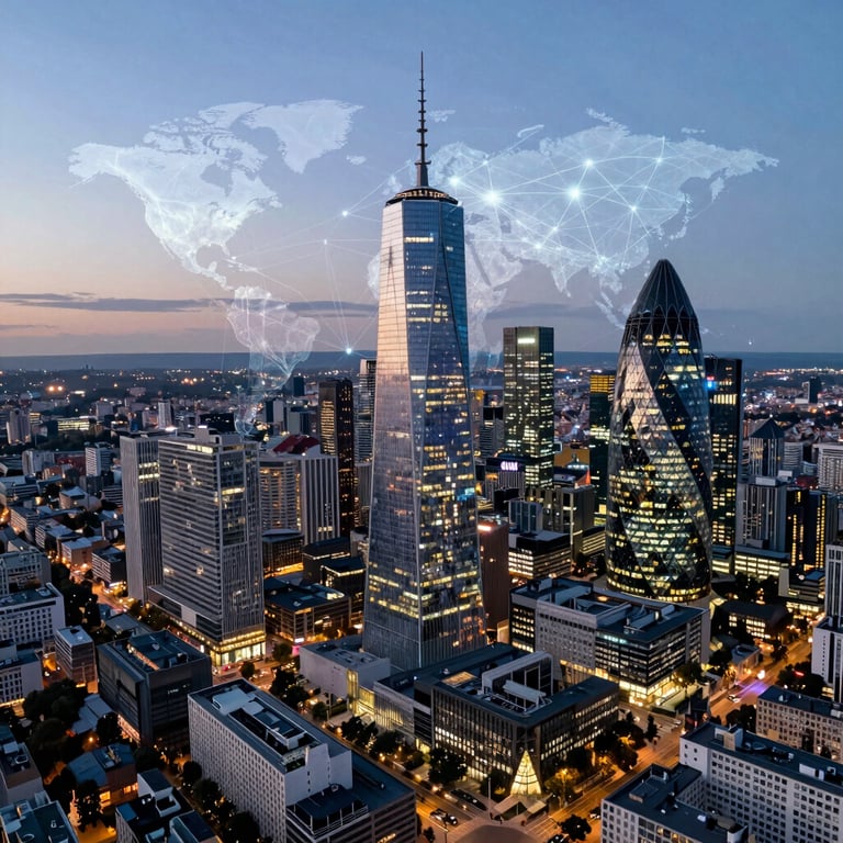 Aerial view of a modern European city skyline at dusk, representing global connectivity and digital transformation.