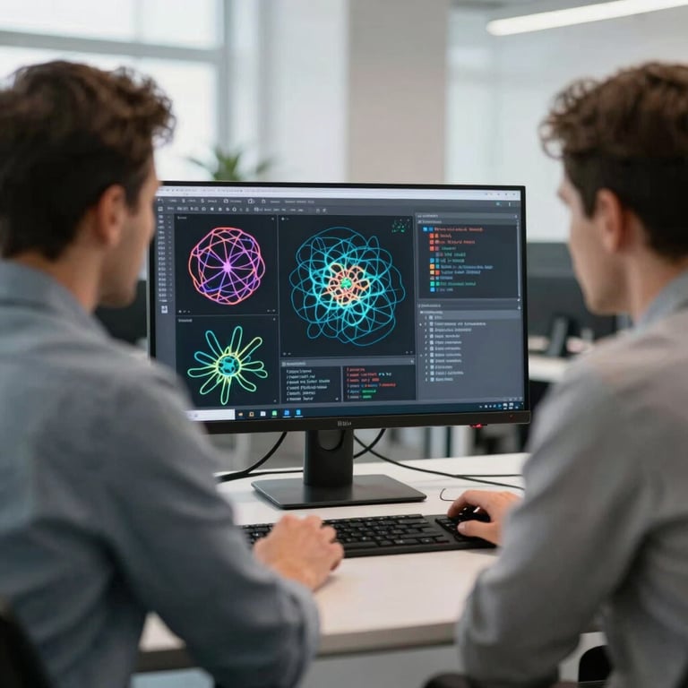 Two professionals in a bright Berlin office looking at a monitor displaying neural network visualizations.