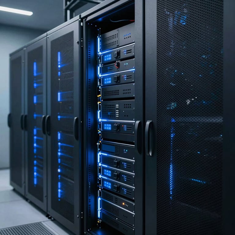 A sleek, modern server room with soft blue LED lighting, representing high-performance computing and efficiency.