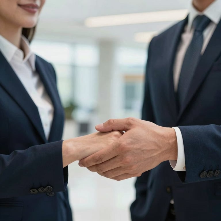 A handheld close-up view of two professionals in a bright, modern lobby, conveying a successful business partnership.