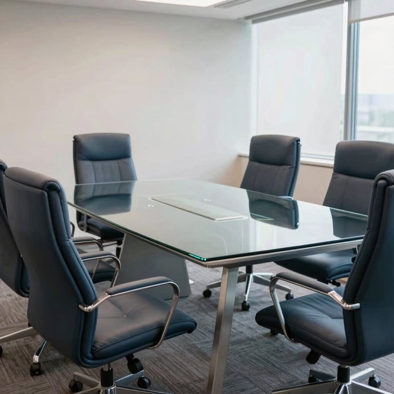 A professional meeting room with a large glass table and comfortable charcoal blue executive chairs in a bright setting.