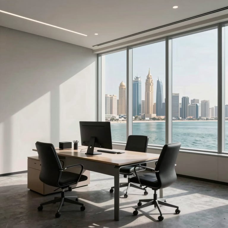 A modern, minimalist office workspace in the Middle Eastern / Gulf region with large windows overlooking a coastal city skyline.