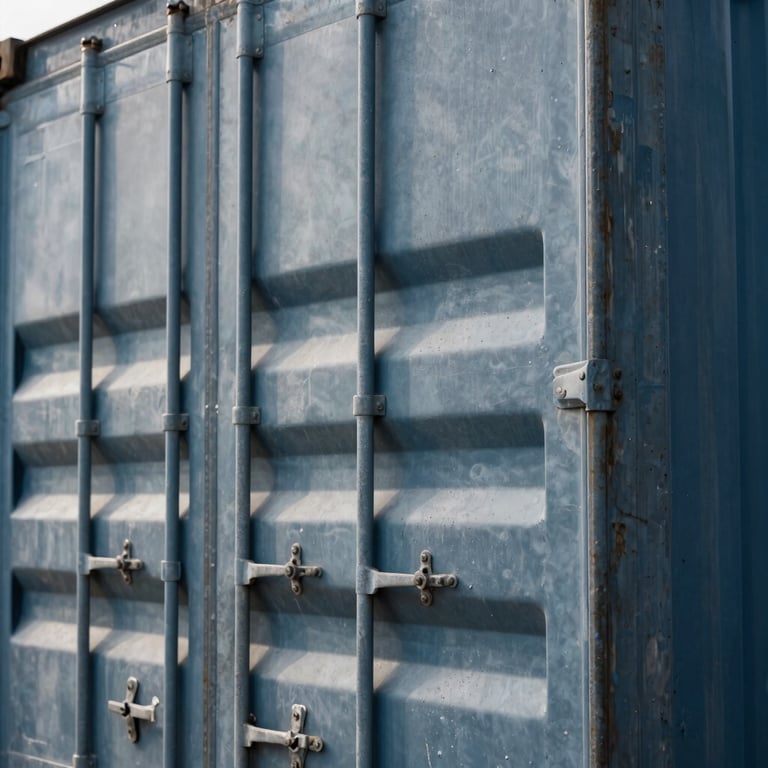 Close-up of a steel shipping container with a focus on industrial textures and slate blue metallic colors.