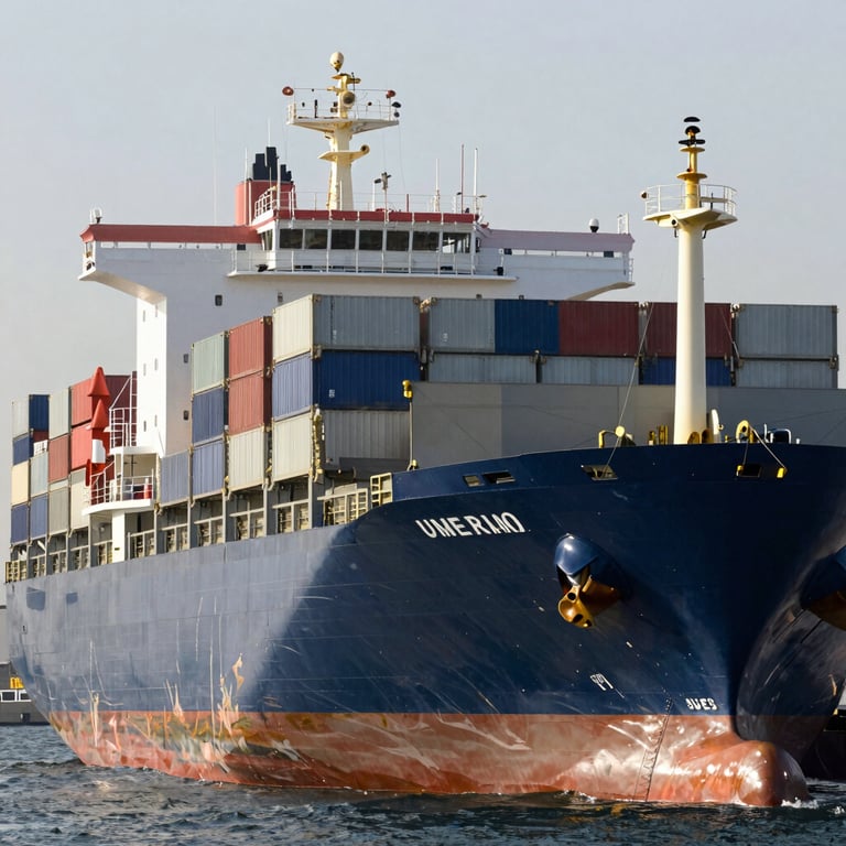 A detailed shot of a cargo ship being loaded at a UAE port, showing logistics precision and a palette of navy and silver.