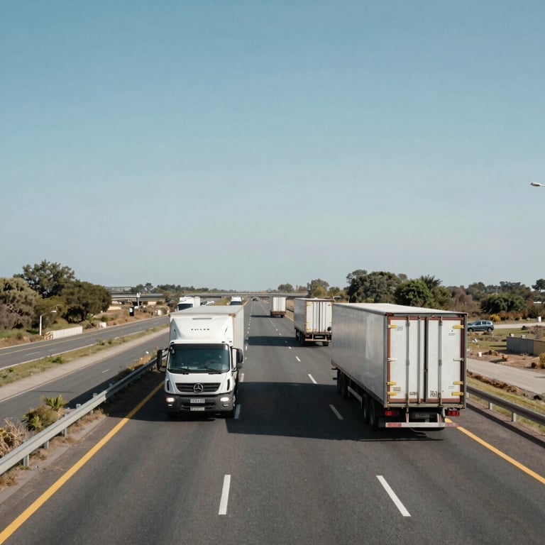A wide view of a modern highway with commercial logistics vehicles moving under a clear, bright Gulf sky.