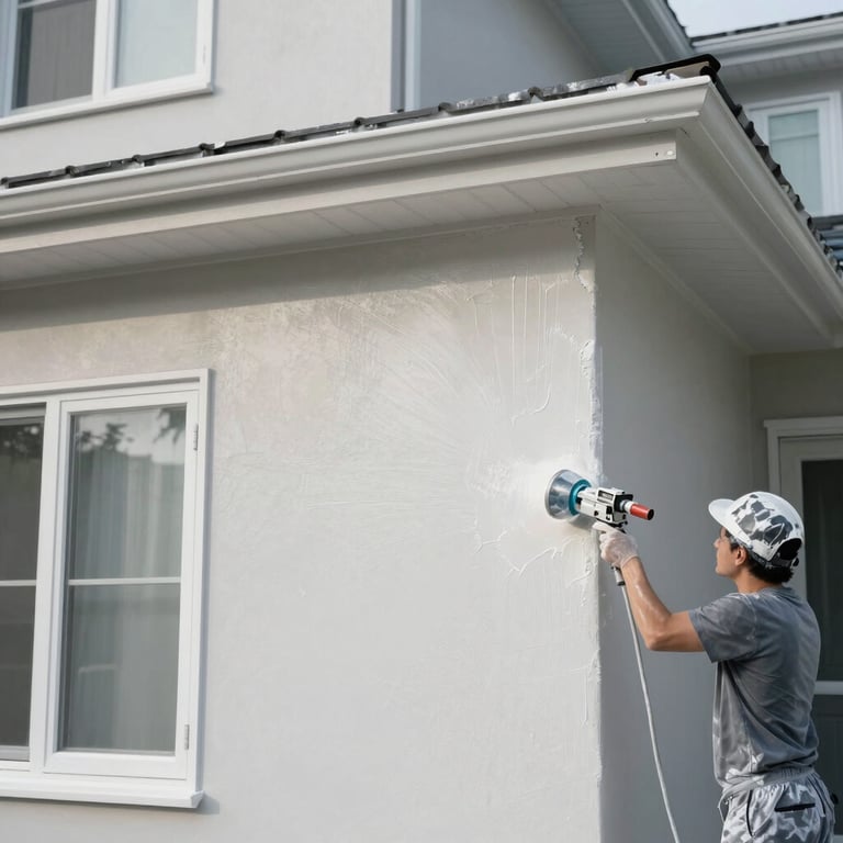 Exterior view of a residential home being carefully painted with professional equipment, highlighting clean lines and high-quality finish.