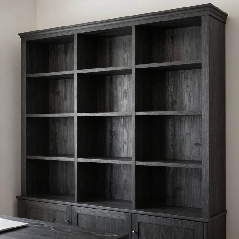 Custom built-in wooden bookshelves in a home office, showing the refined carpentry and a professional dark charcoal finish.
