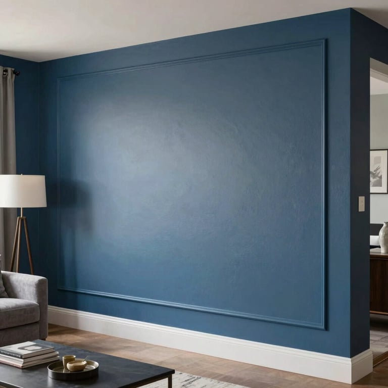A freshly painted modern living room wall in a sophisticated steel blue, featuring perfectly neat edges and elegant furniture in a North American / Hispanic home.