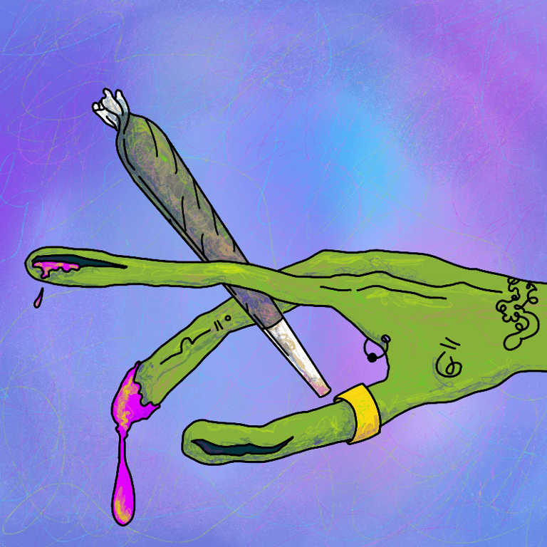 green alien hand holding a spliff