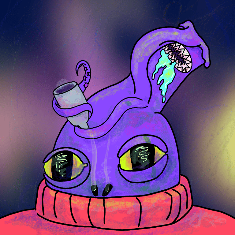 a purple alien with red sweater