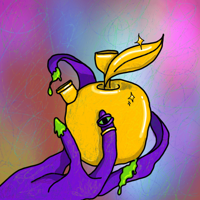 purple alien octopus hand holding a golden apple