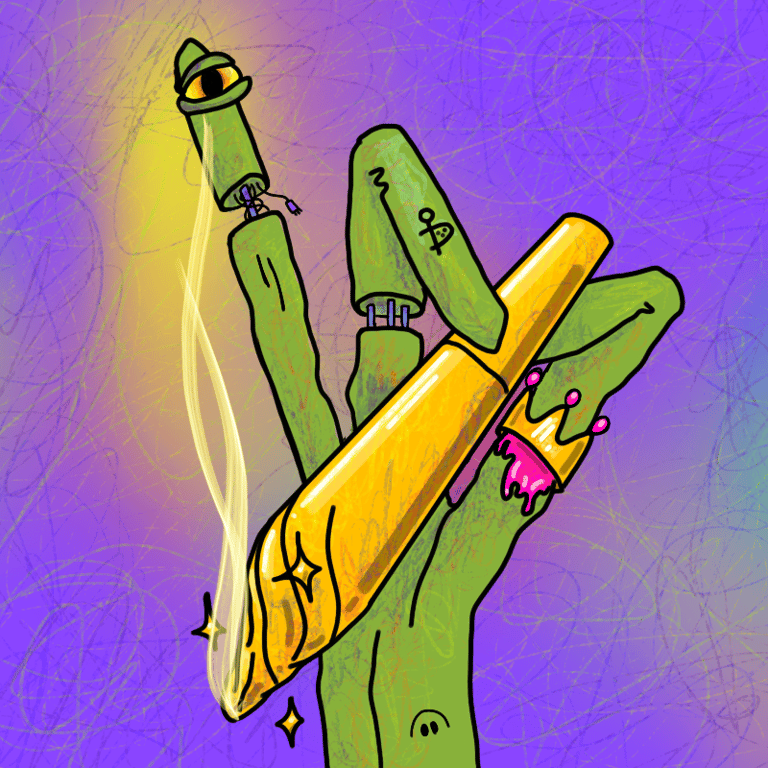 cyber alien hand holding a golden spliff