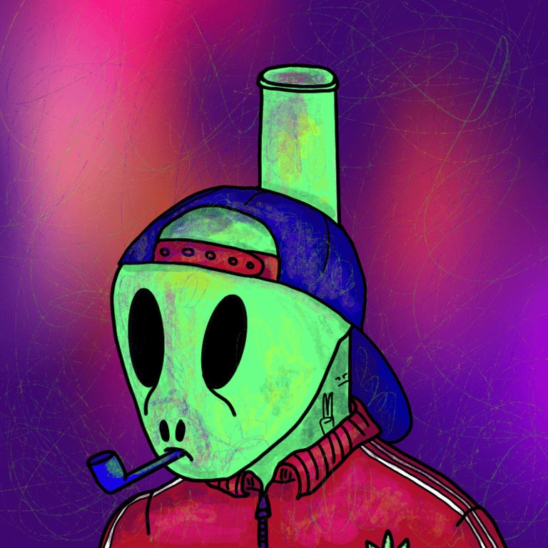 green alien man in a cap smoking a pipe