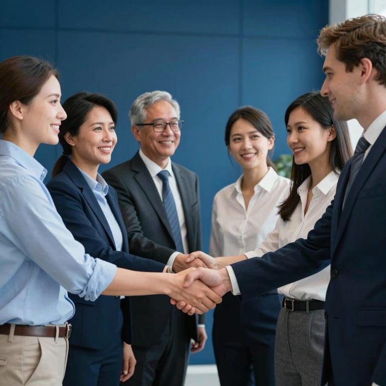 A group of diverse professionals, including Southeast Asian and Eastern European staff, sharing a handshake in a Deep Blue-toned office.