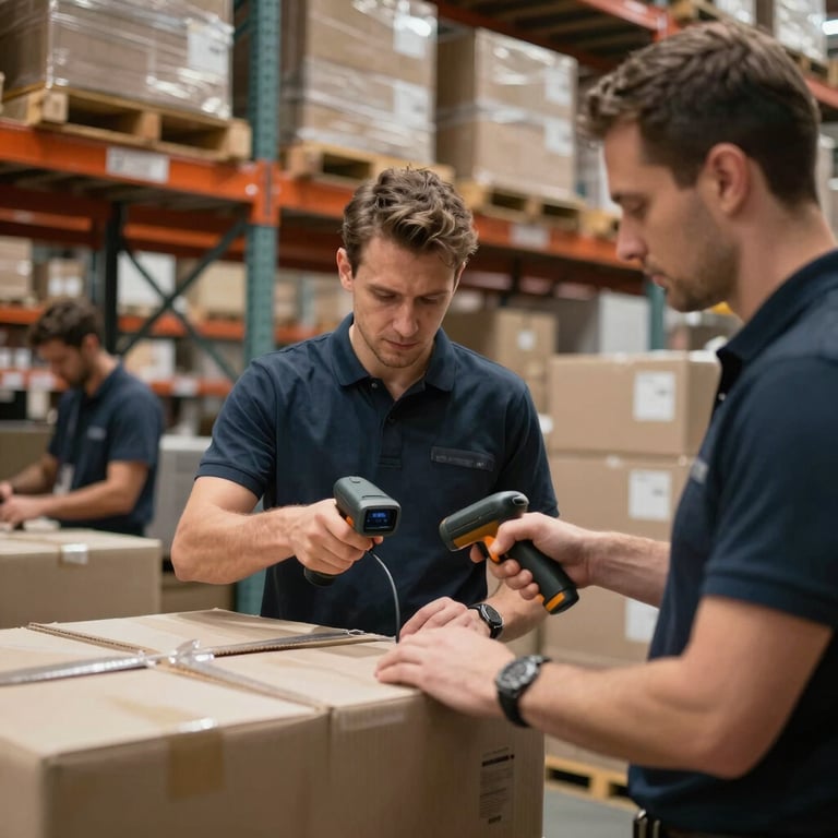 A modern warehouse in the Balkans where staff members are efficiently organizing logistics with handheld scanners.