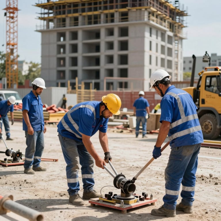 An outdoor shot of a construction site in Serbia where workers in Steel Blue uniforms are working safely and efficiently.