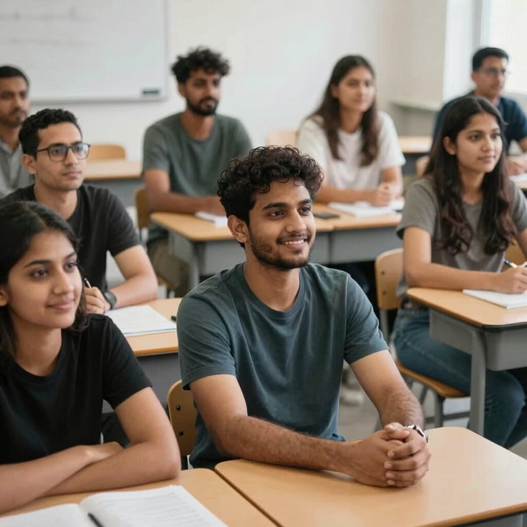 A classroom setting in Serbia where South Asian workers are attending a cultural orientation workshop with smiles of confidence.