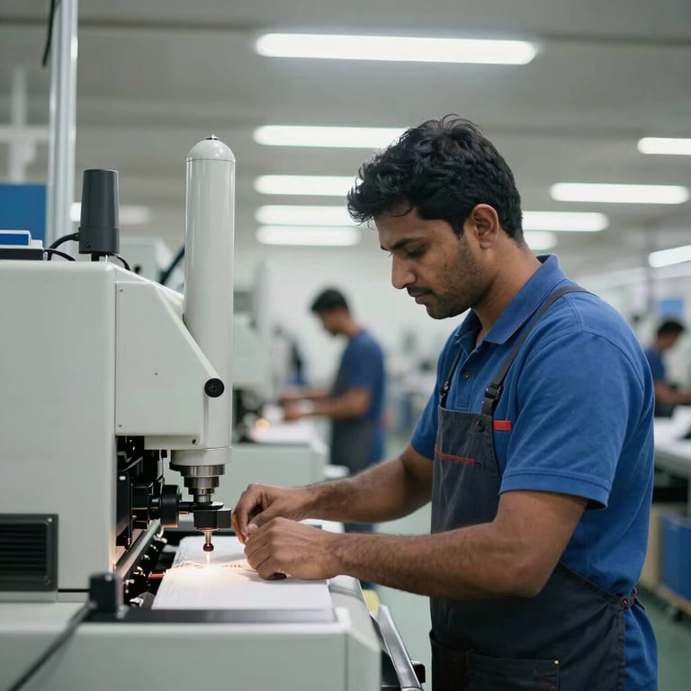 A South Asian worker in a modern Serbian garment factory, operating machinery with precision under bright, professional lighting.
