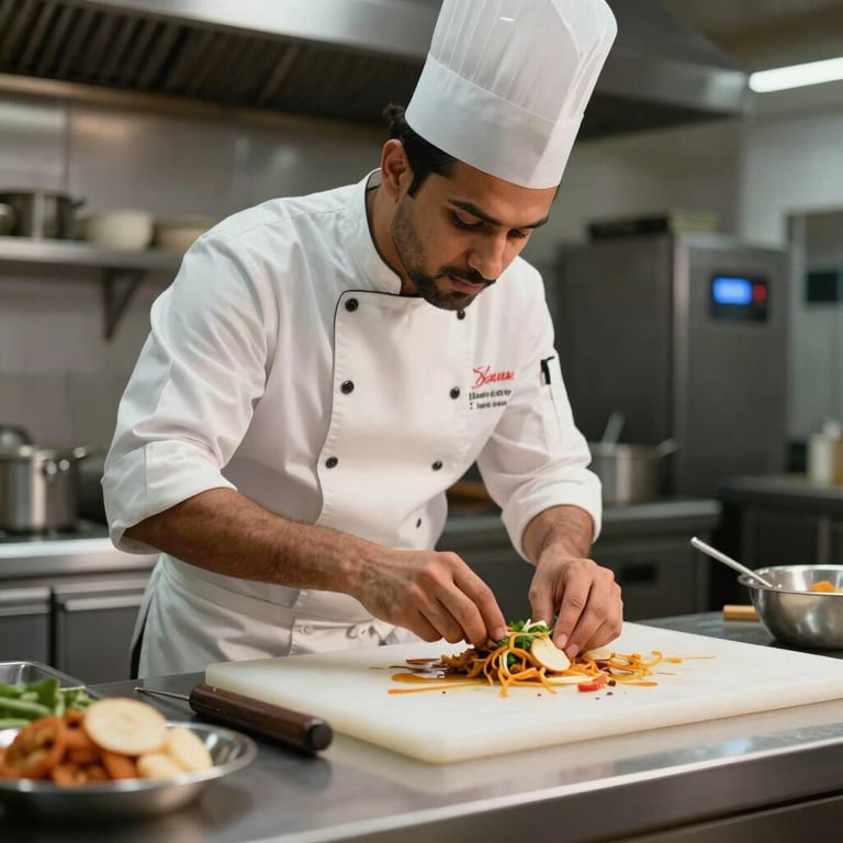 A culinary professional from Pakistan preparing food in a high-end, clean kitchen environment in Belgrade.