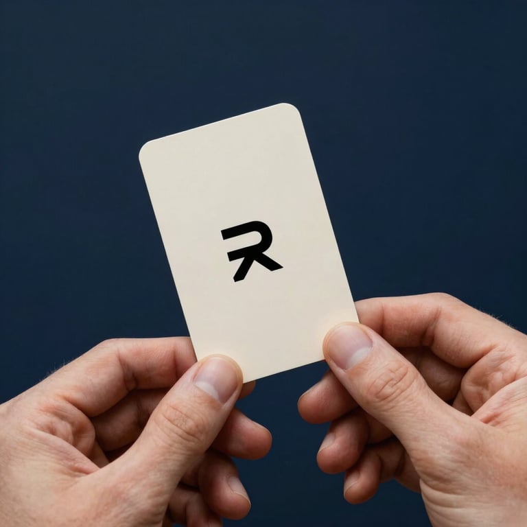Hands holding an ivory business card with minimalist black typography on a midnight navy background.