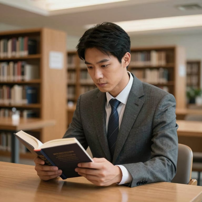 A focused professional in a tailored suit reading in a quiet, modern North American library, muted lighting.