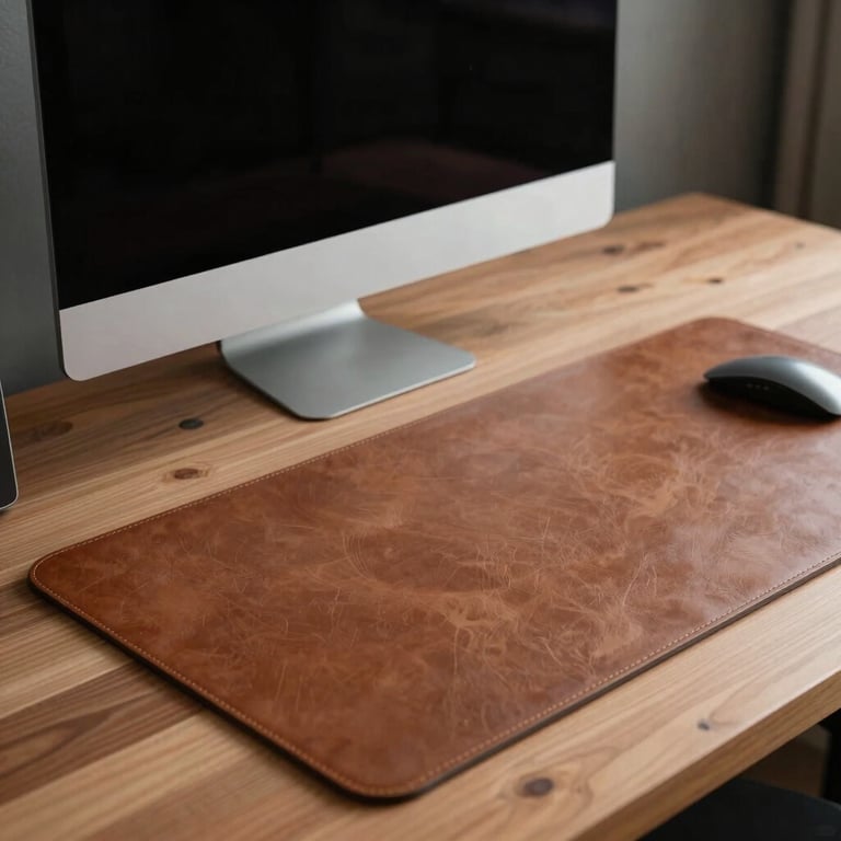 A minimalist desk setup with one monitor and a leather desk mat, representing deep work and high performance.