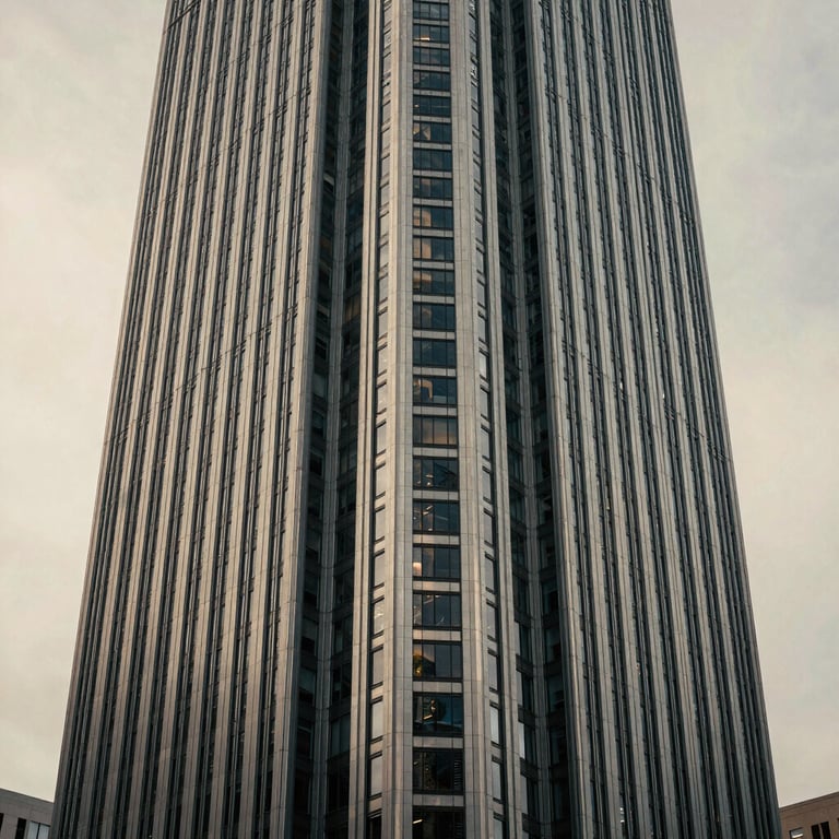 Abstract architectural lines of a modern skyscraper against a soft ivory sky, North American region.
