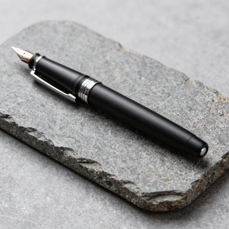 A sleek matte black fountain pen resting on a gray stone coaster, professional studio lighting.