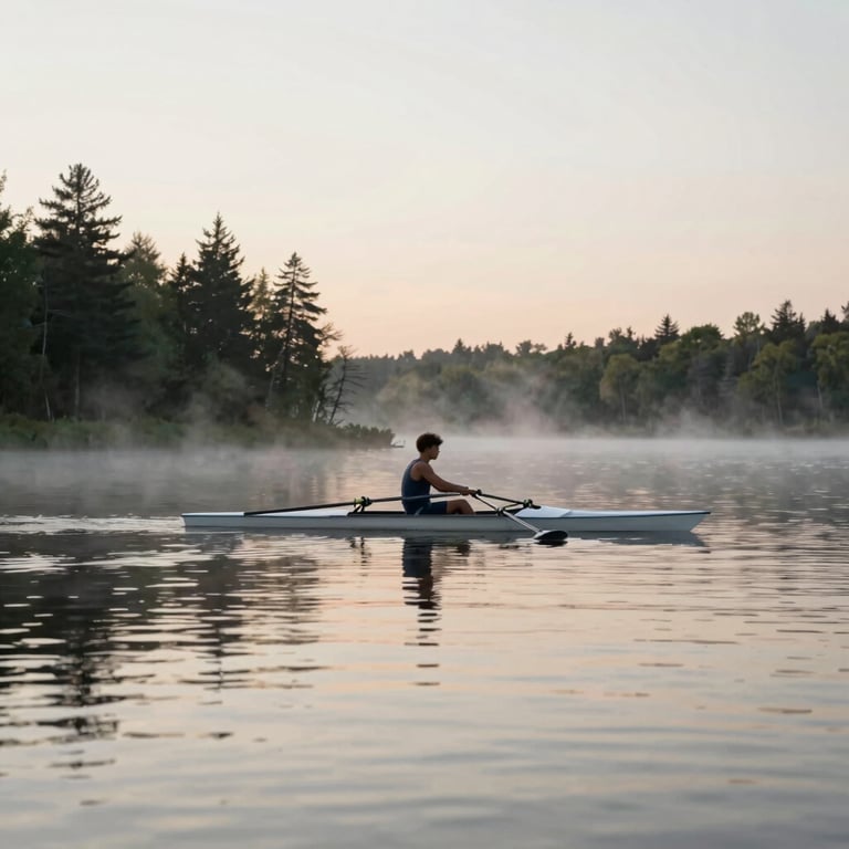 A solitary rower on a calm, misty lake at dawn in the North American wilderness, conveying quiet intensity.