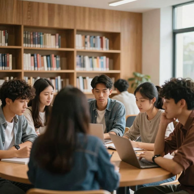 A group of diverse students collaborating in a modern, sunlit library with wooden textures resembling #B48C5B.
