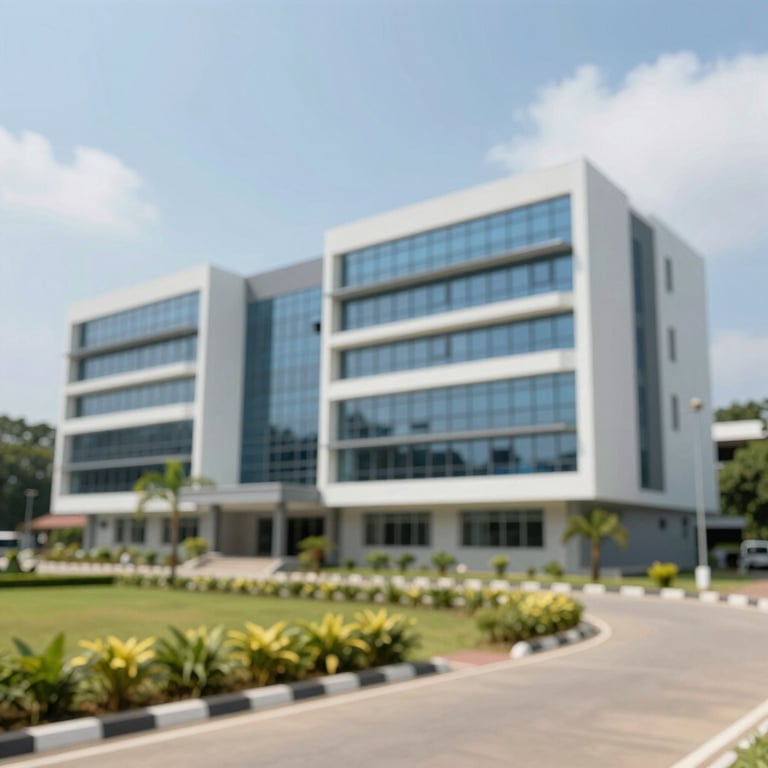 Exterior shot of a modern, multi-story educational building in Sri Lanka with clean glass lines and professional landscaping.