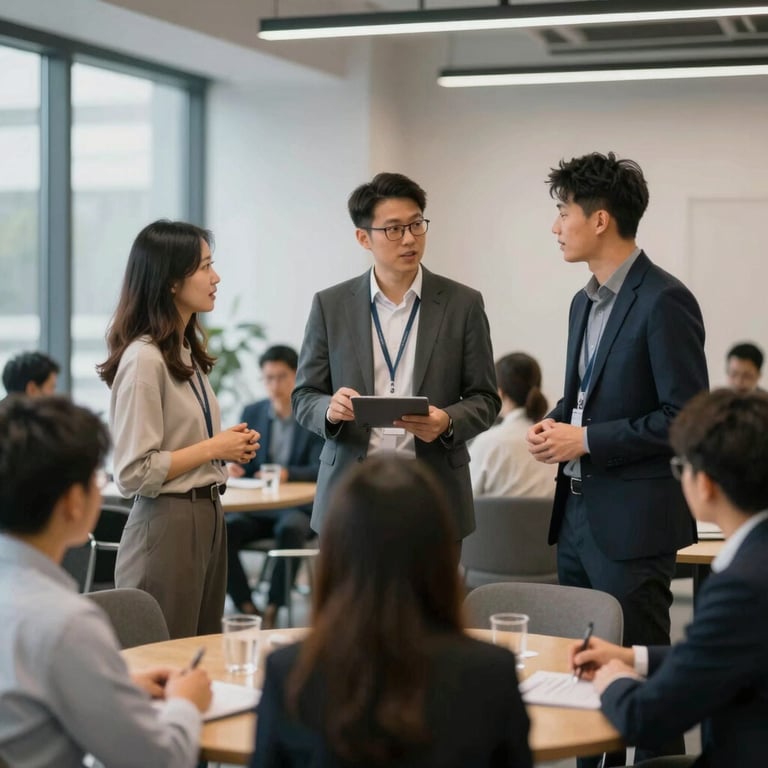 An industry networking event where students interact with corporate leaders in a professional lounge setting.