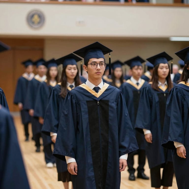 A formal graduation ceremony with students in high-quality robes, capturing a moment of academic achievement in a grand hall, featuring #0A2B2E accents.