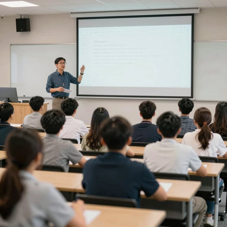 A lecturer using interactive technology in a brightly lit, modern classroom filled with engaged students.