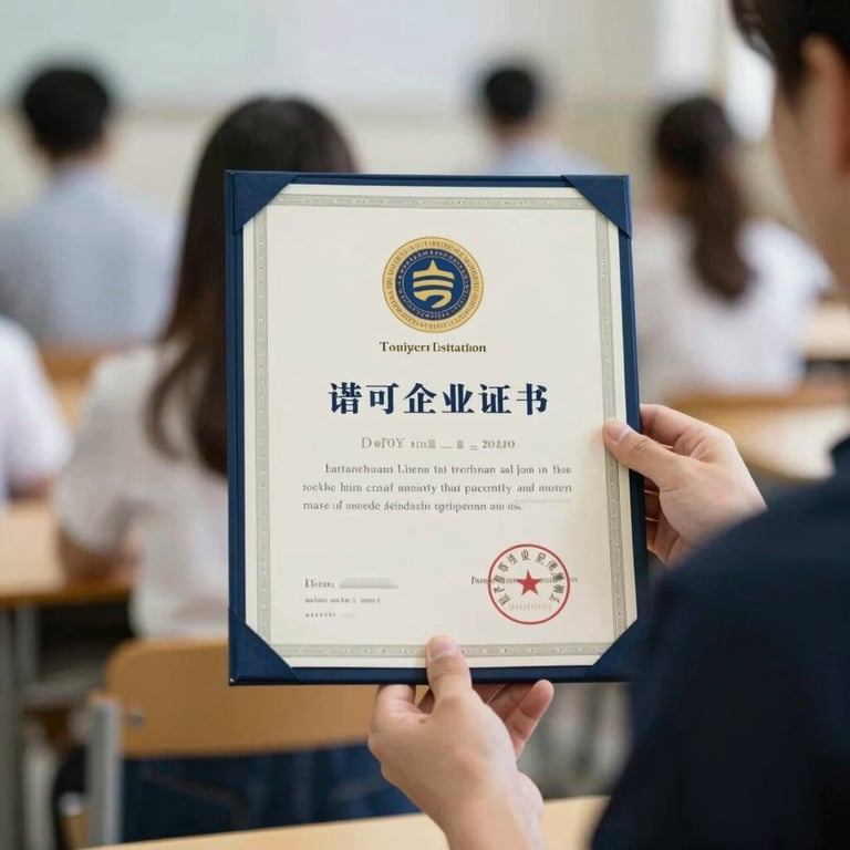 Close-up of a student receiving a professional qualification certificate with the institution logo.